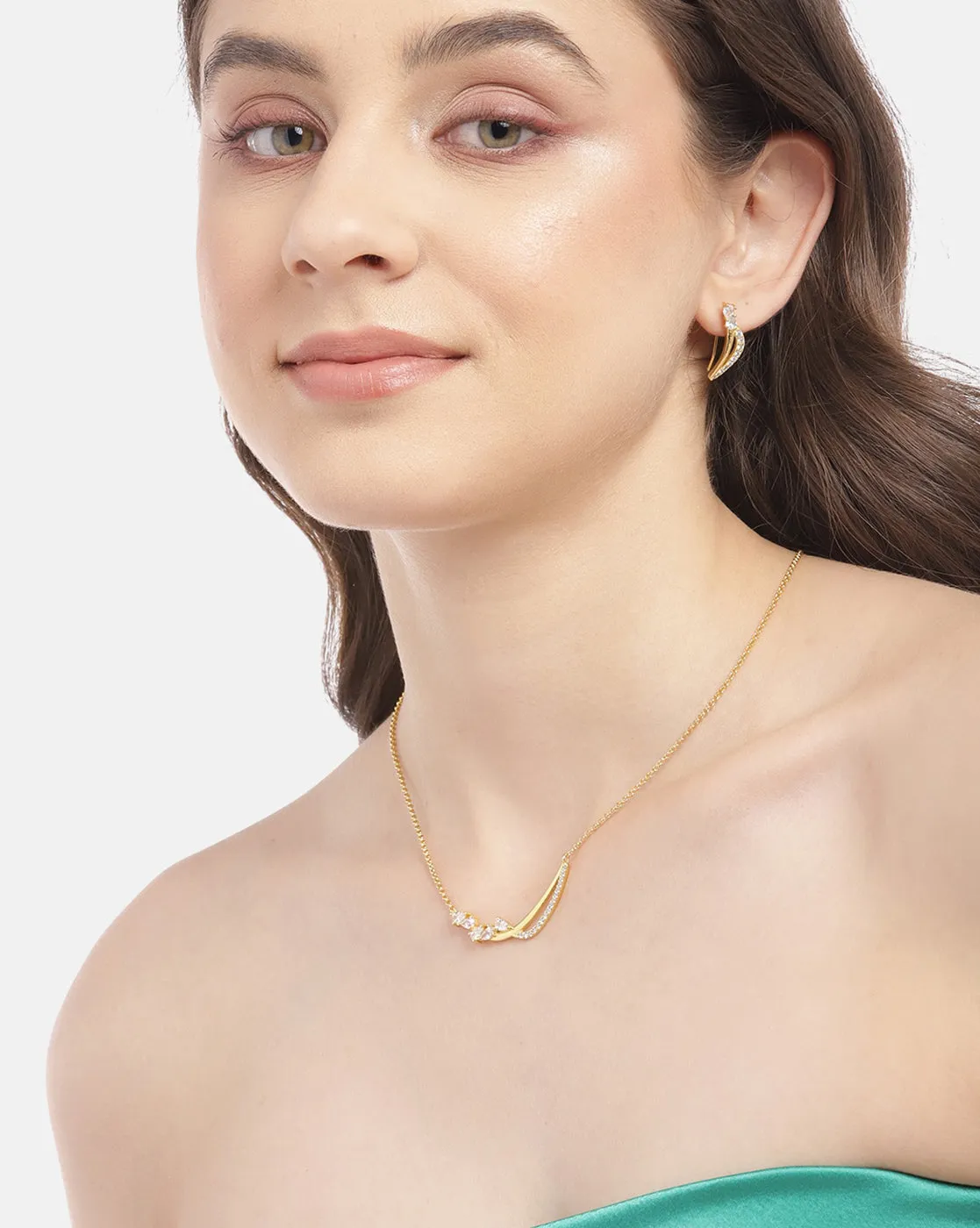 18kt Gold Plated with CZ Contemporary Necklace and Earring set for women