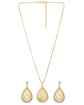 18kt Gold Plated with CZ Filigree Tear Drop Necklace and Earring set for women