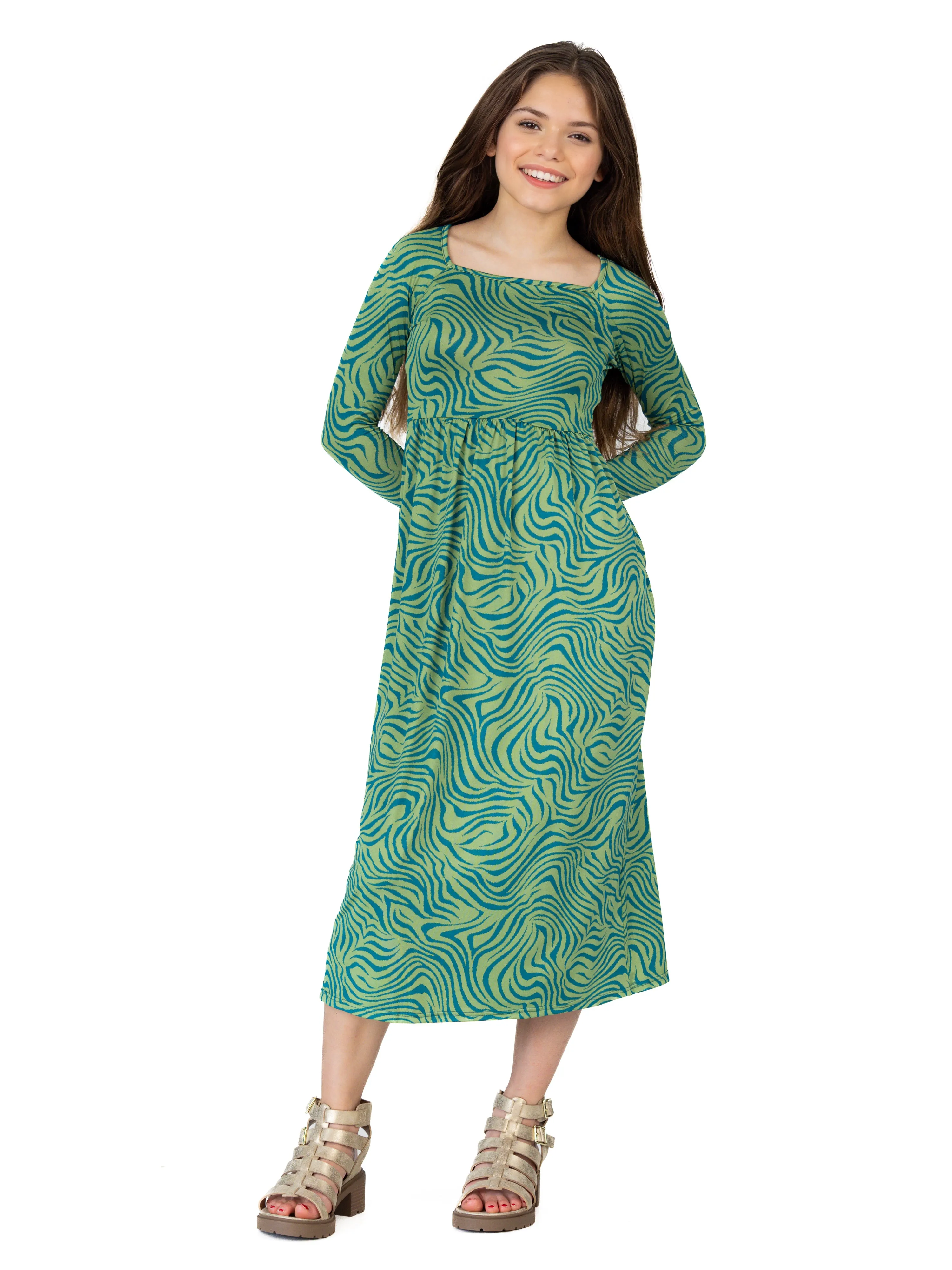 24seven Comfort Apparel Green Print Girls Long Sleeve Maxi Dress