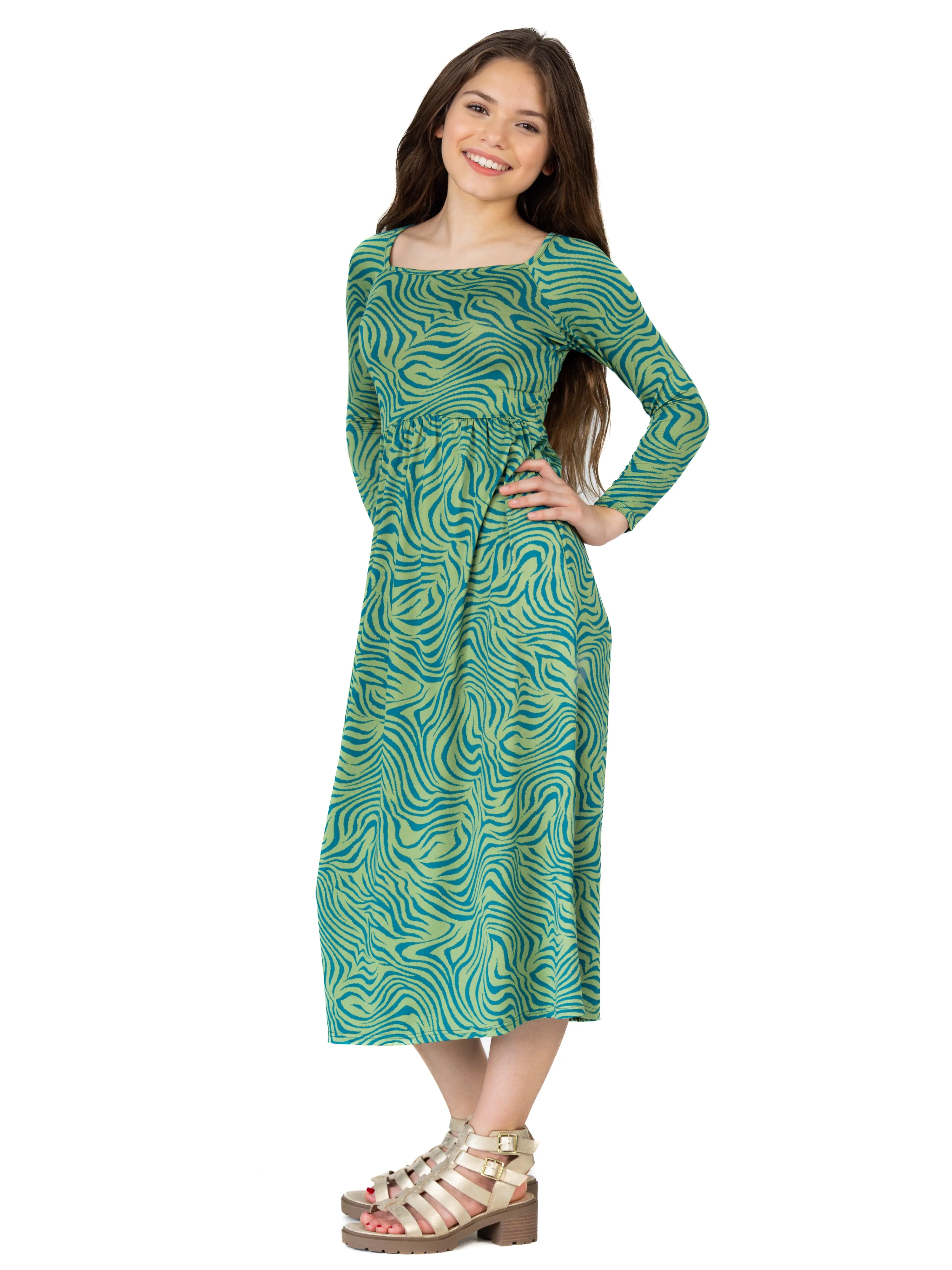 24seven Comfort Apparel Green Print Girls Long Sleeve Maxi Dress