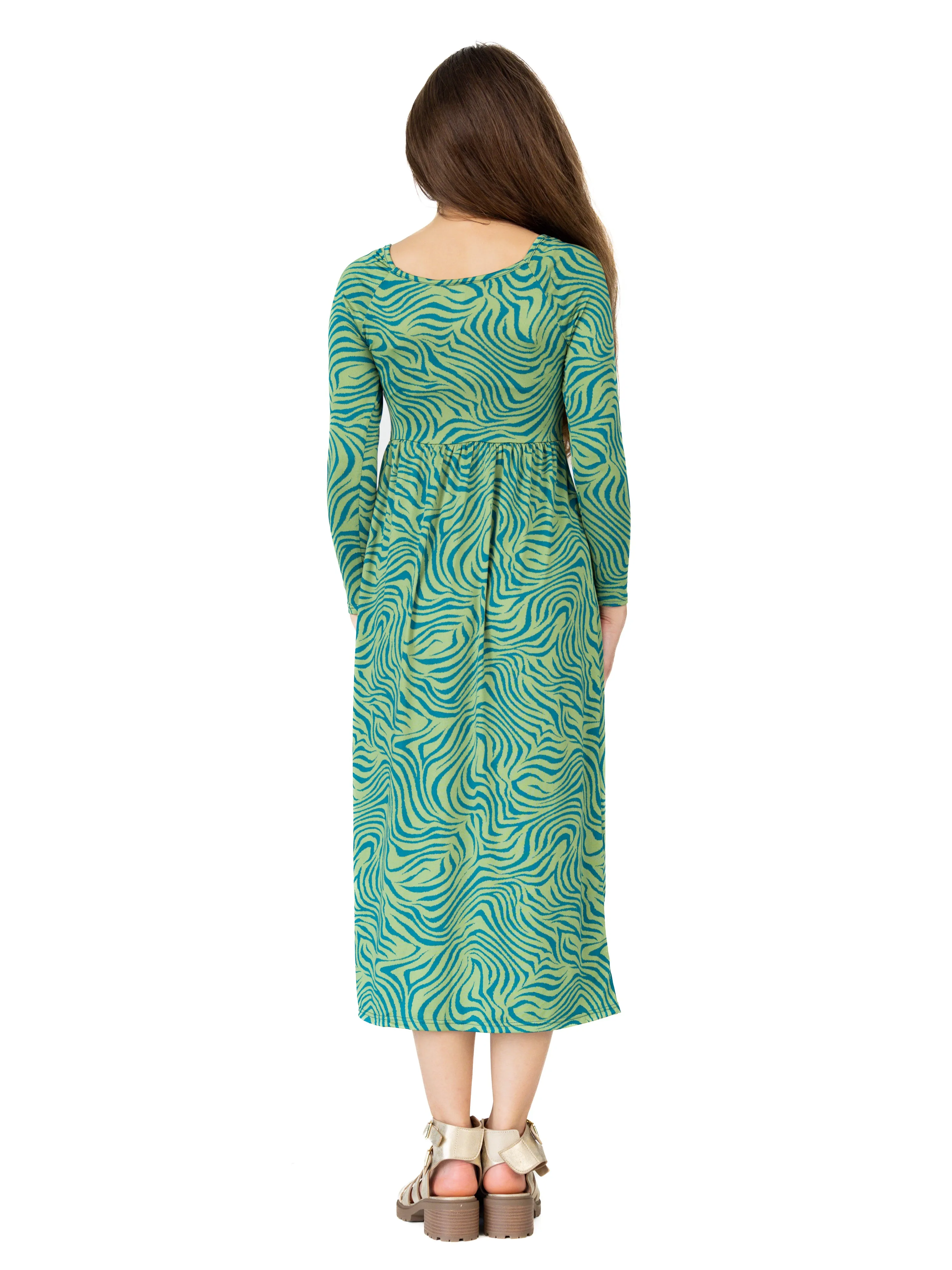 24seven Comfort Apparel Green Print Girls Long Sleeve Maxi Dress