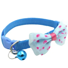 Adjustable Plaid Cat Collar With Sky Blue Polka Bow Tie