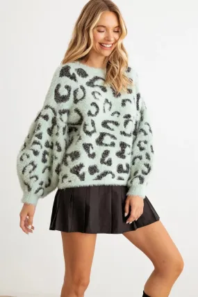 Animal Print Fuzzy Knit Long Sleeve Sweater