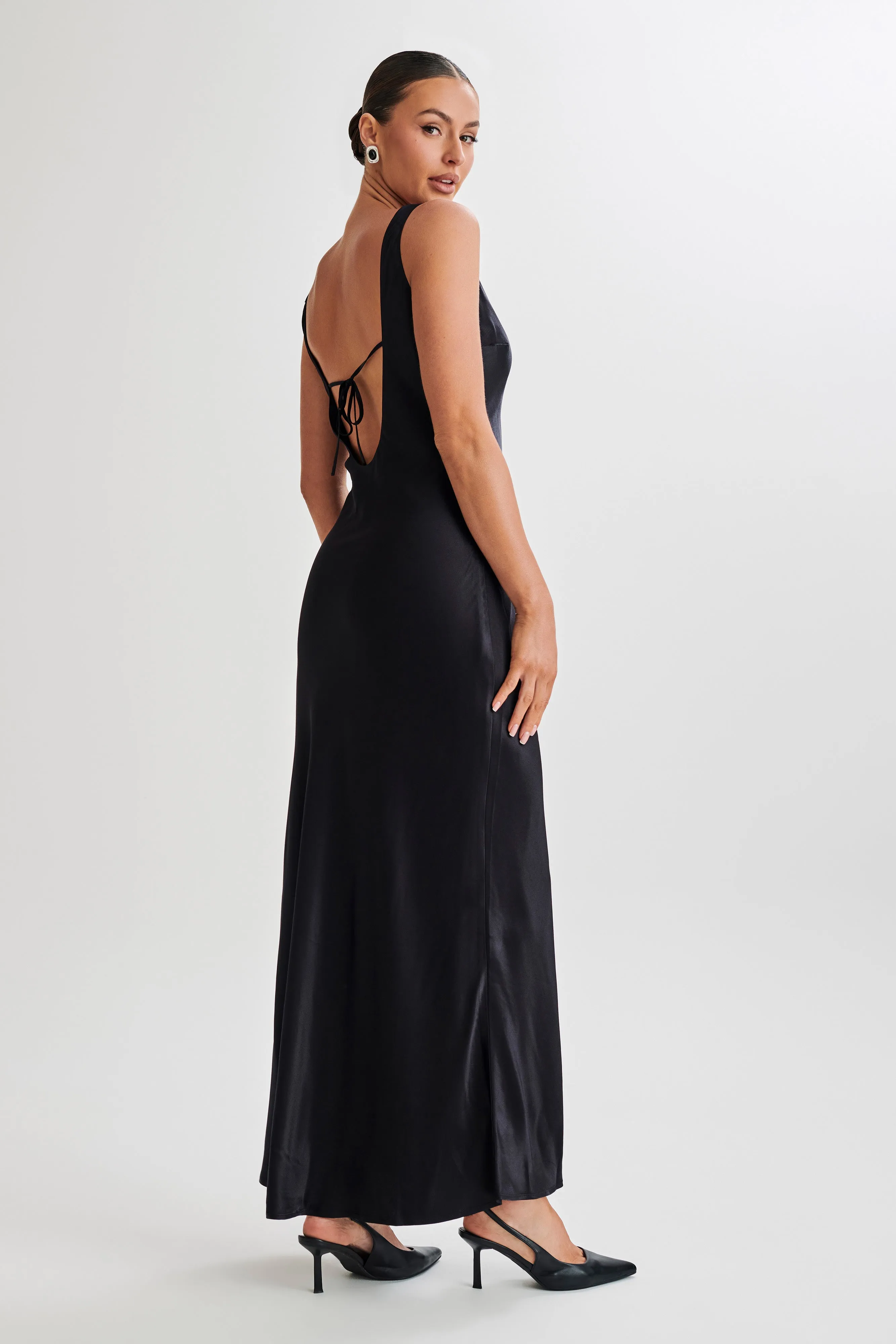 Annalise Satin Maxi Dress With Tie - Black