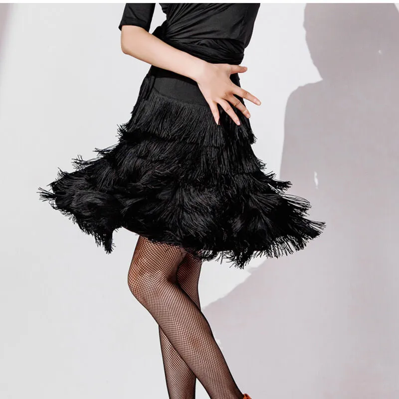 Asymmetric Knee-Length Latin Skirt with Tassels