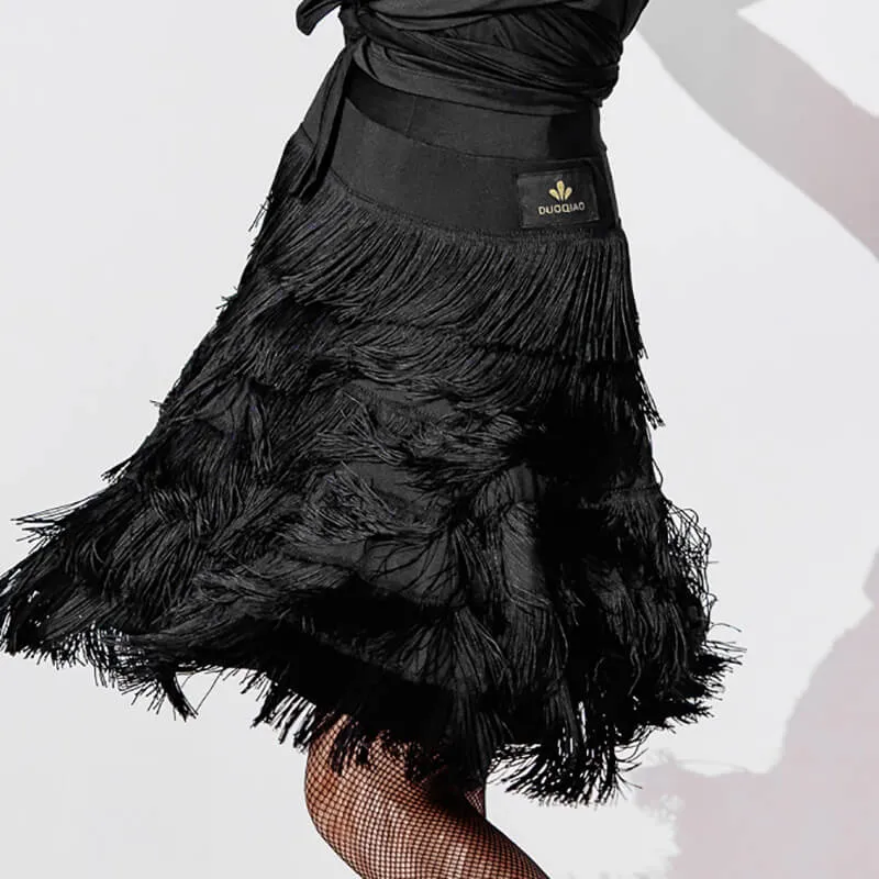 Asymmetric Knee-Length Latin Skirt with Tassels