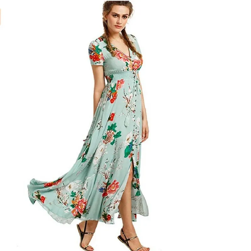 Beach V-Neck Maxi Casual Long Dress Floral Print Boho Style