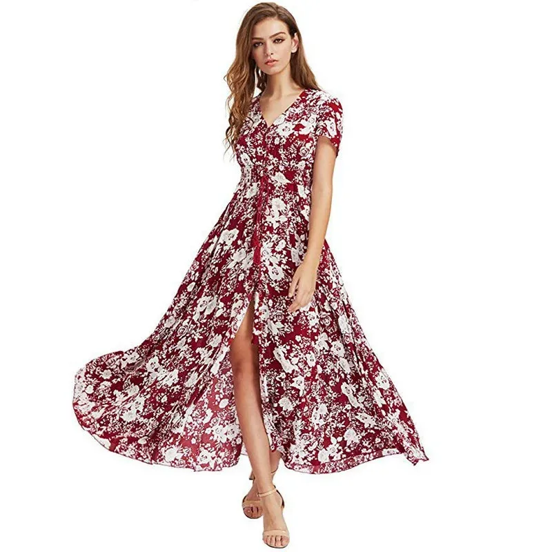 Beach V-Neck Maxi Casual Long Dress Floral Print Boho Style