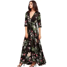 Beach V-Neck Maxi Casual Long Dress Floral Print Boho Style