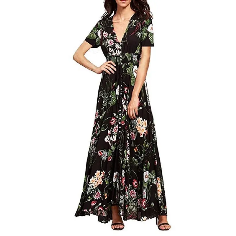 Beach V-Neck Maxi Casual Long Dress Floral Print Boho Style