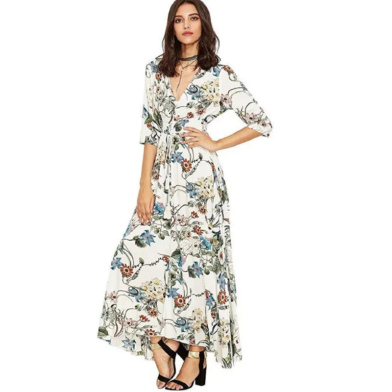 Beach V-Neck Maxi Casual Long Dress Floral Print Boho Style