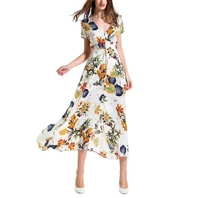 Beach V-Neck Maxi Casual Long Dress Floral Print Boho Style