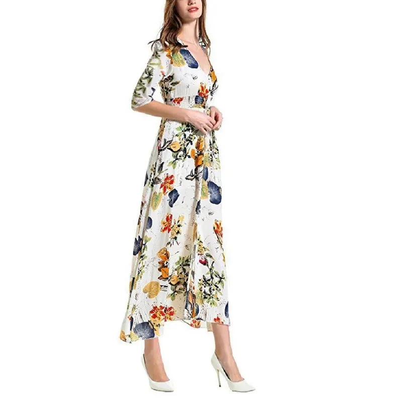 Beach V-Neck Maxi Casual Long Dress Floral Print Boho Style