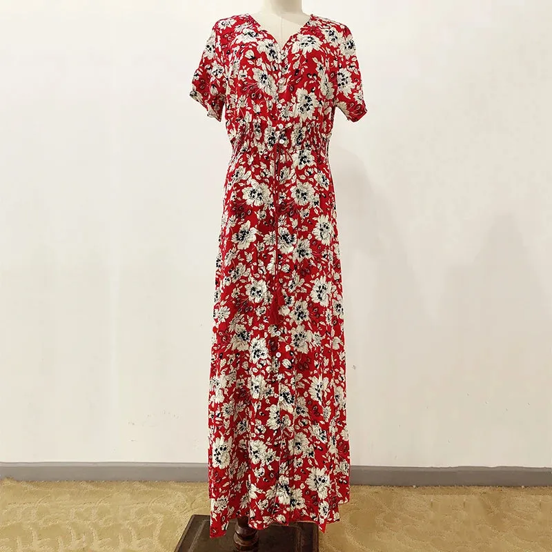 Beach V-Neck Maxi Casual Long Dress Floral Print Boho Style