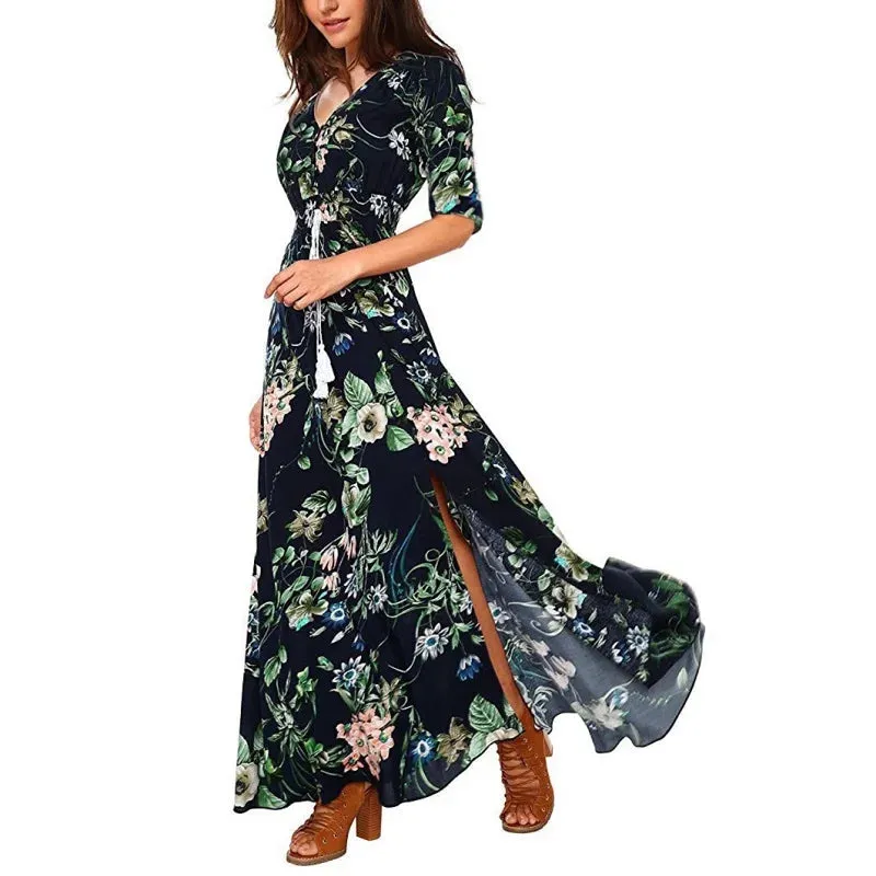 Beach V-Neck Maxi Casual Long Dress Floral Print Boho Style