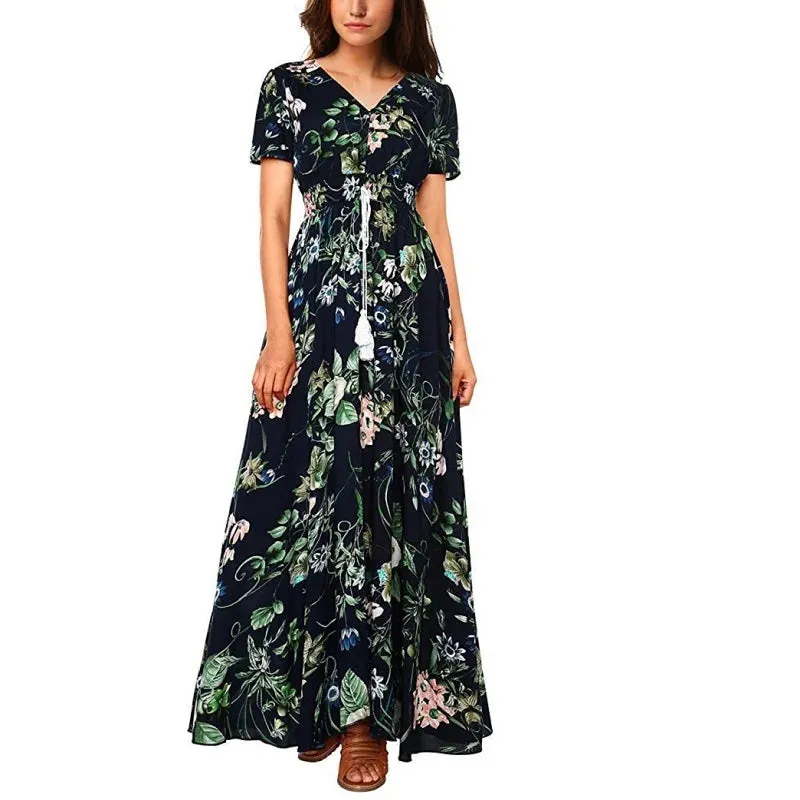 Beach V-Neck Maxi Casual Long Dress Floral Print Boho Style