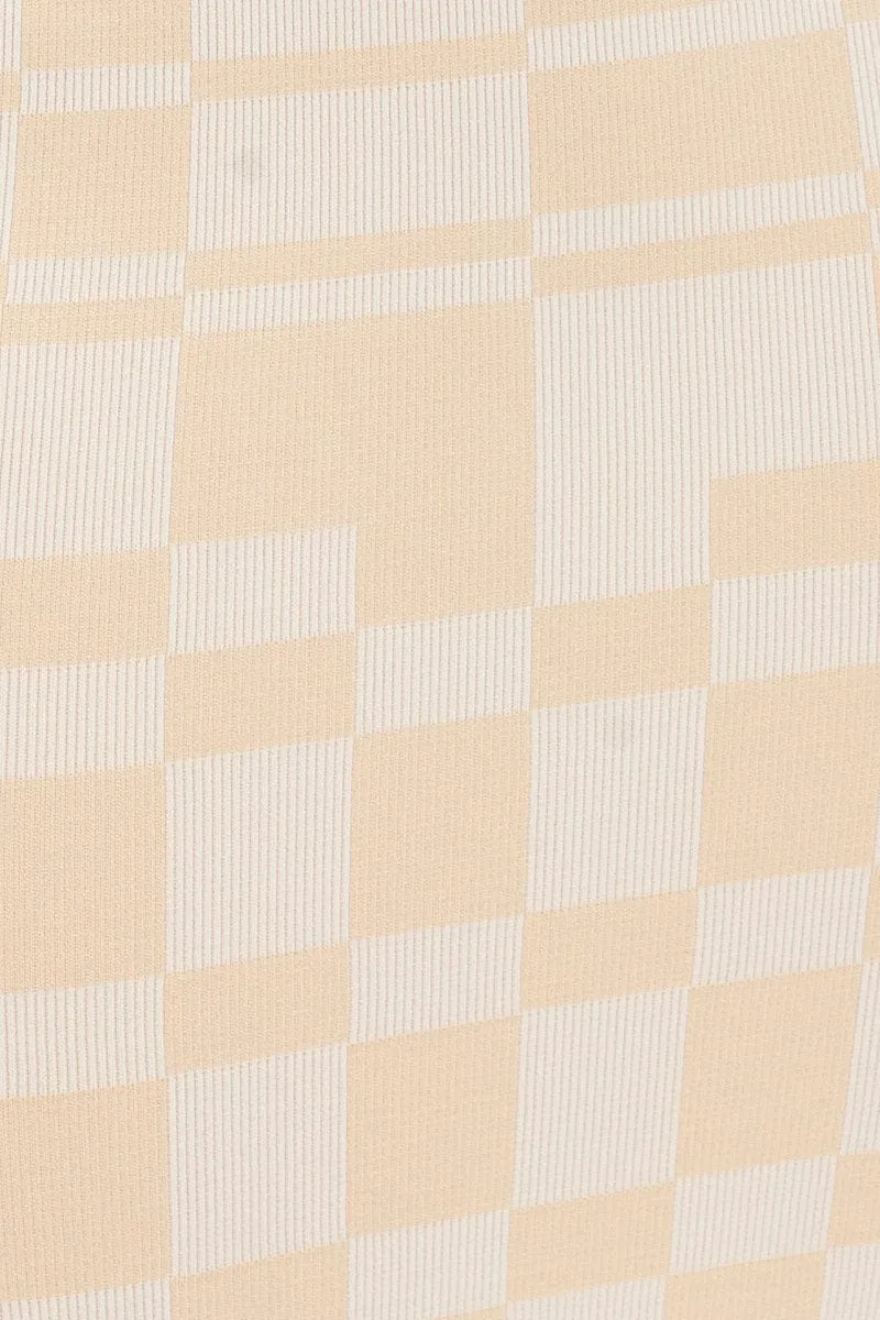 Beige Check Bodycon Dress Sleeveless Square Neck Seamless