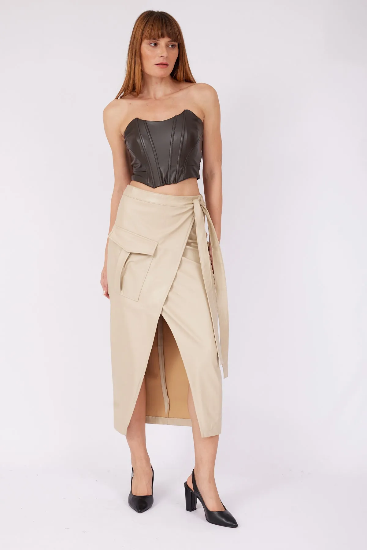 Beige Leather Wrapped Skirt