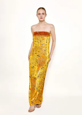 Bill Blass Velvet Yellow Strapless Metallic Dress