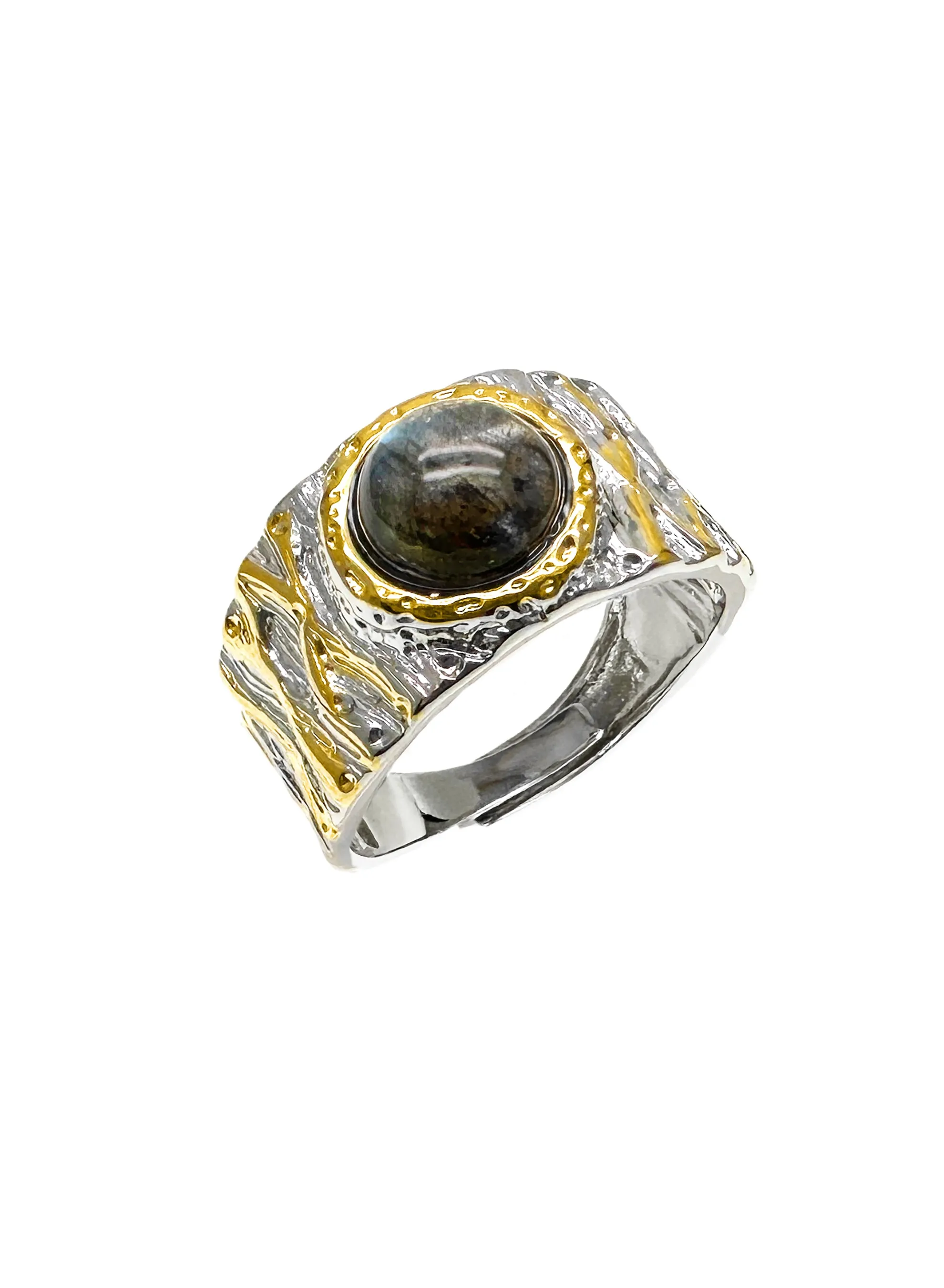 Black Obsidian Stone Platinum Plated Brass Adjustable Ring LR013