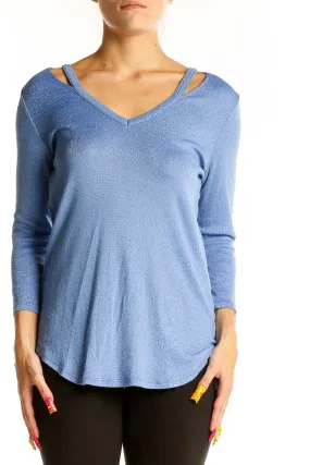 Blue Cotton-Blend V-Neck Knit Top