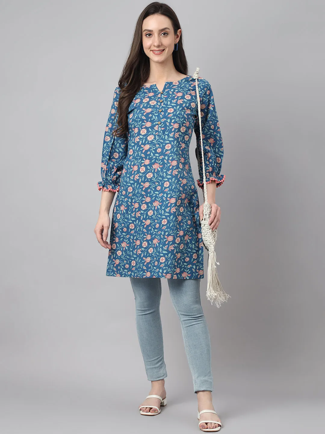 Blue Cotton Floral Print Tunic