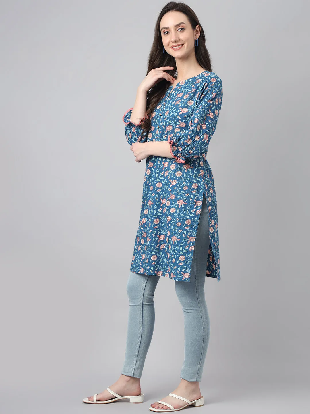 Blue Cotton Floral Print Tunic