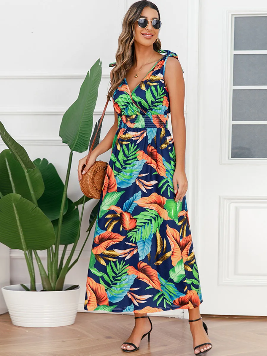 Bohemia Floral Leaves Printed V Neck Strap Maxi Boho Dress