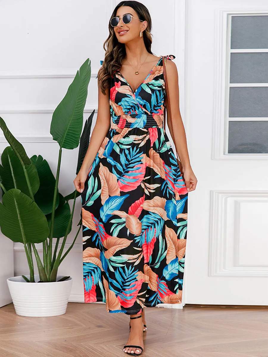 Bohemia Floral Leaves Printed V Neck Strap Maxi Boho Dress