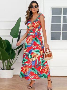 Bohemia Floral Leaves Printed V Neck Strap Maxi Boho Dress