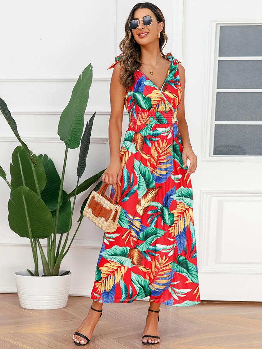 Bohemia Floral Leaves Printed V Neck Strap Maxi Boho Dress