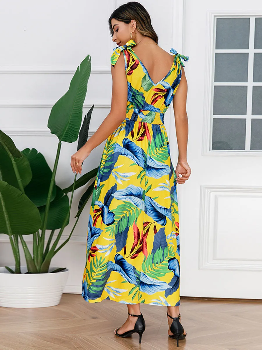 Bohemia Floral Leaves Printed V Neck Strap Maxi Boho Dress