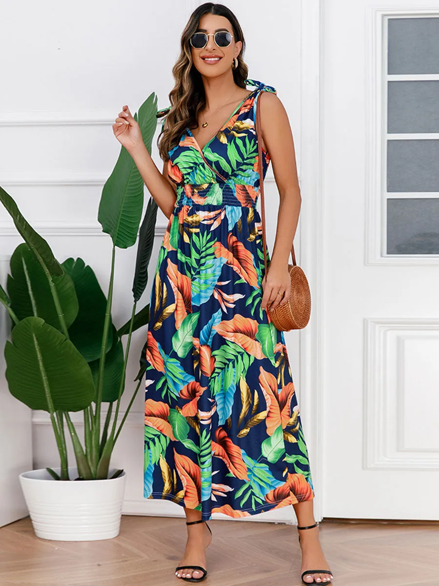 Bohemia Floral Leaves Printed V Neck Strap Maxi Boho Dress