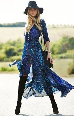 Boho Maxi Dress Navy Blue Floral "Kiss The Sky" Long Flowing Summer Gown Button Front Long Slit 3/4 Sleeves Royal Blue Turquoise Lavender Print Small Medium Large Or Extra Large