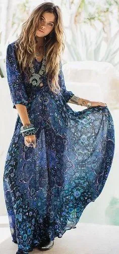 Boho Maxi Dress Navy Blue Floral "Kiss The Sky" Long Flowing Summer Gown Button Front Long Slit 3/4 Sleeves Royal Blue Turquoise Lavender Print Small Medium Large Or Extra Large