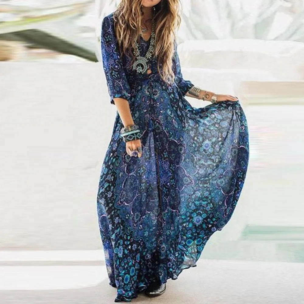 Boho Maxi Dress Navy Blue Floral "Kiss The Sky" Long Flowing Summer Gown Button Front Long Slit 3/4 Sleeves Royal Blue Turquoise Lavender Print Small Medium Large Or Extra Large