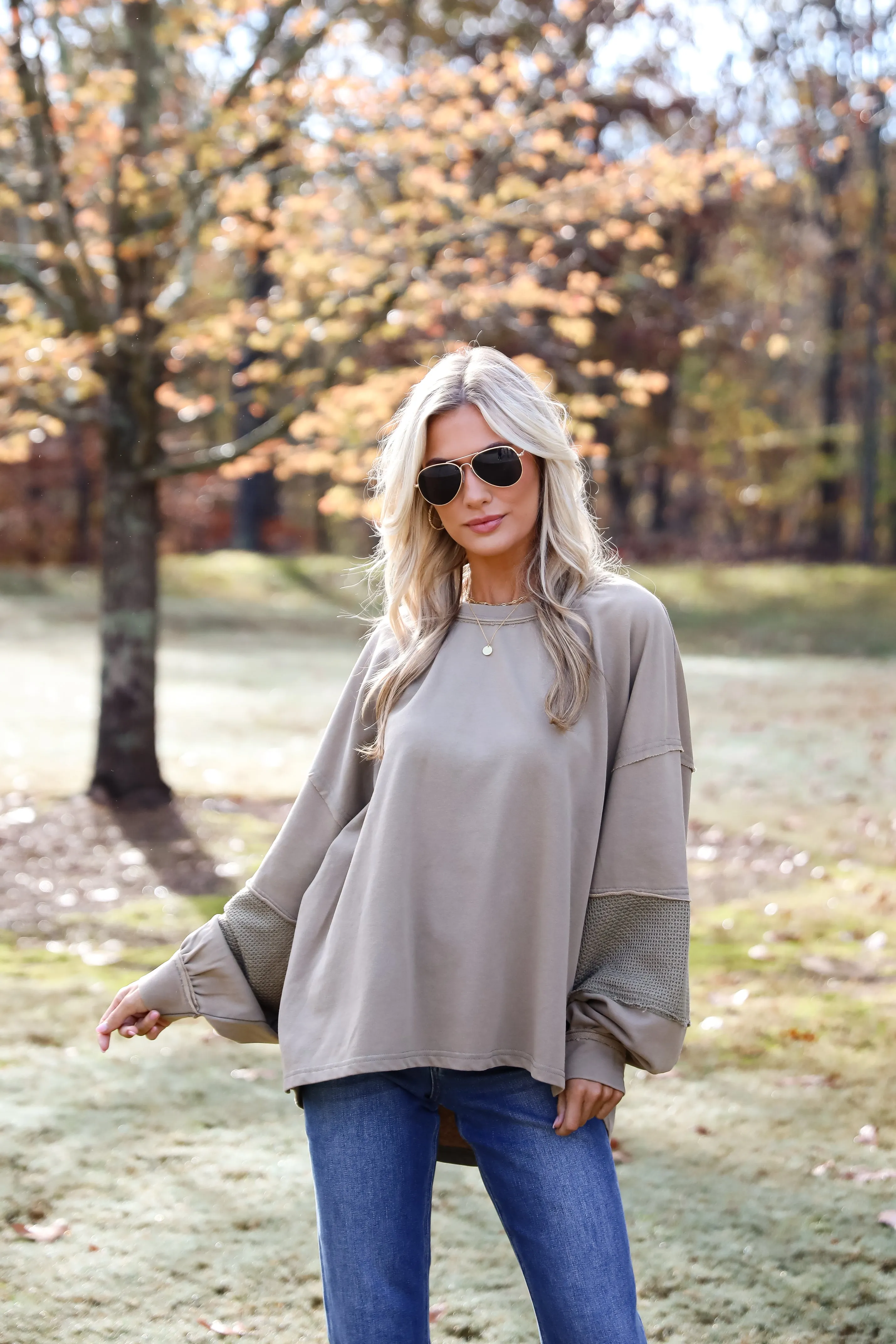 Casual Allure Olive Contrast Sleeve Top