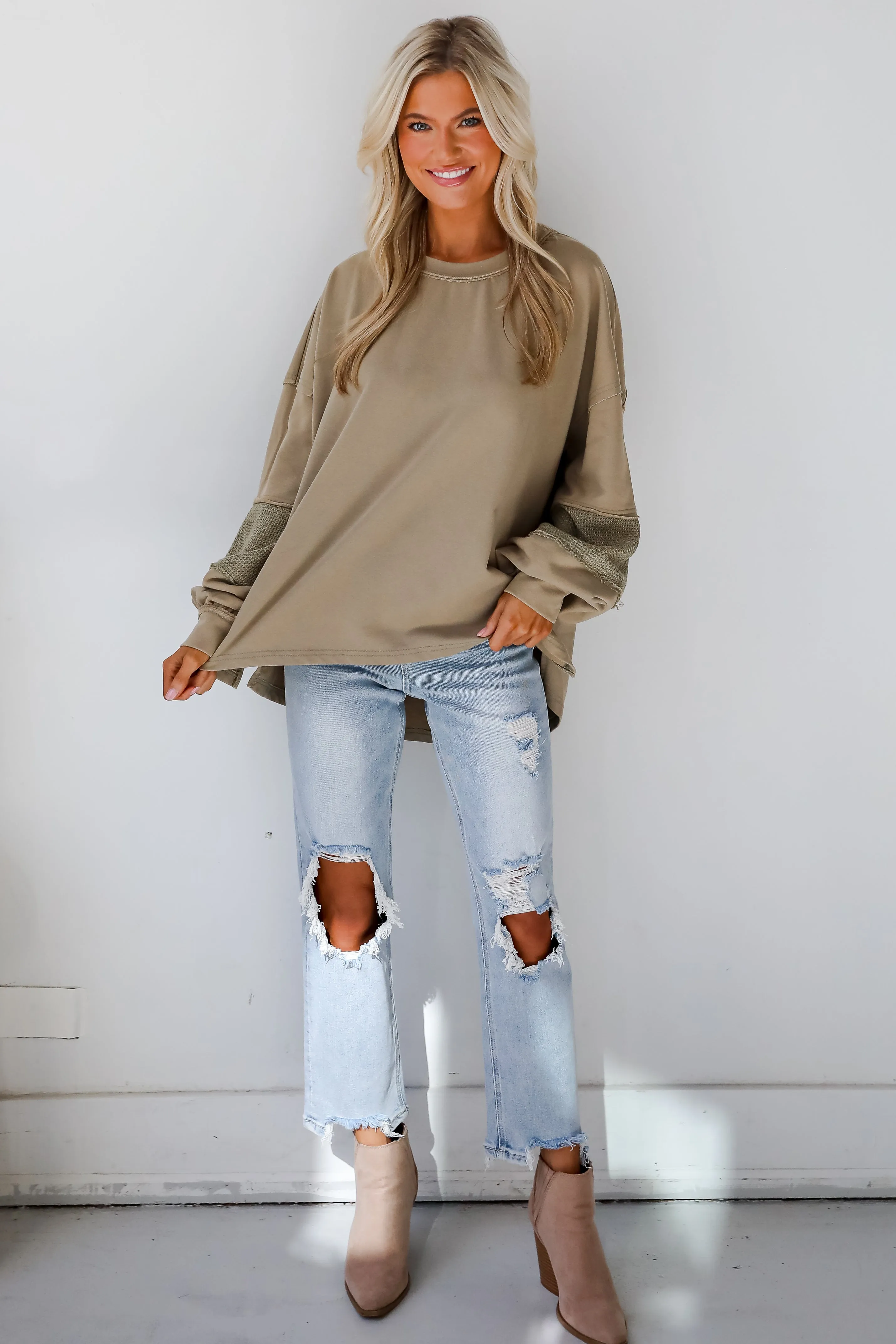 Casual Allure Olive Contrast Sleeve Top