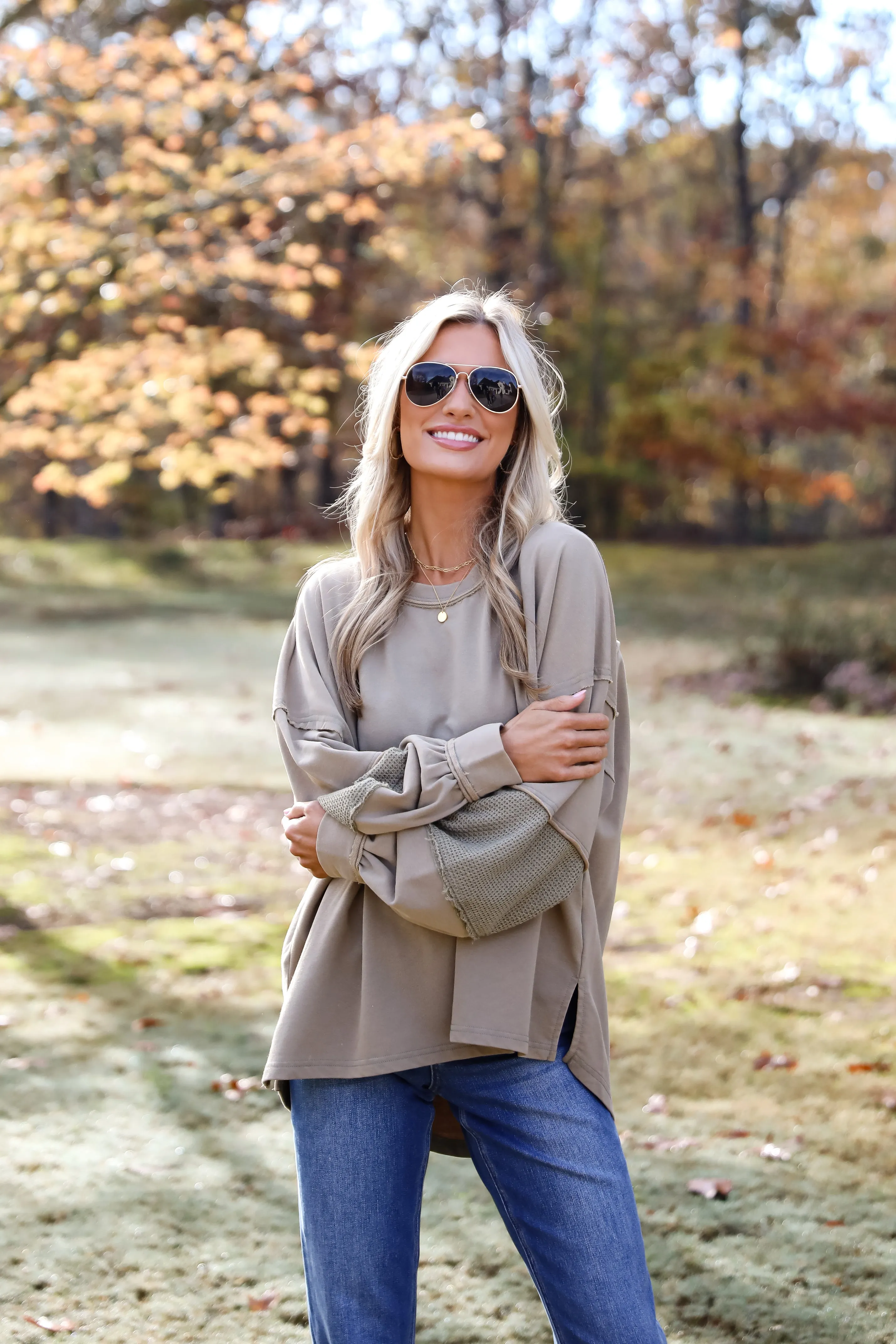 Casual Allure Olive Contrast Sleeve Top