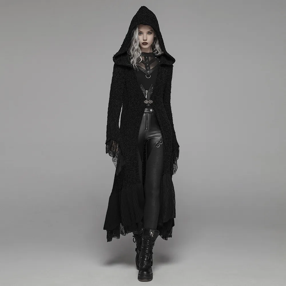 Chic Hooded Gothic Lace Trim Woolen Cloak Coat