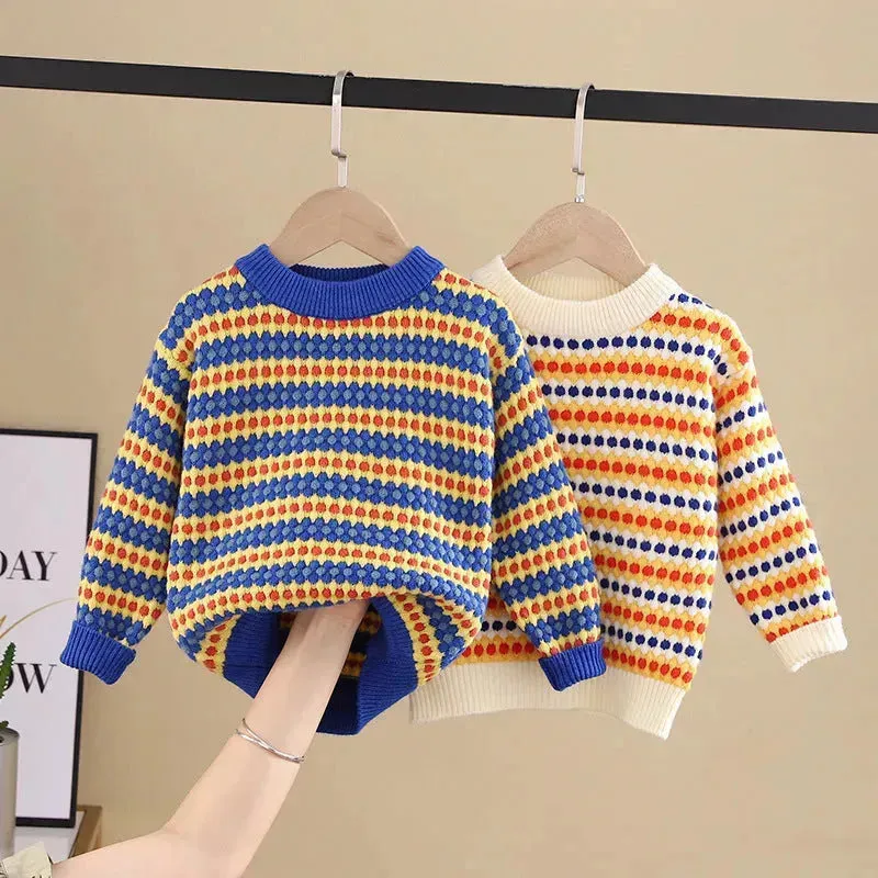 Children Rainbow Stripes Baby Round Neck Pullover Sweater Kids