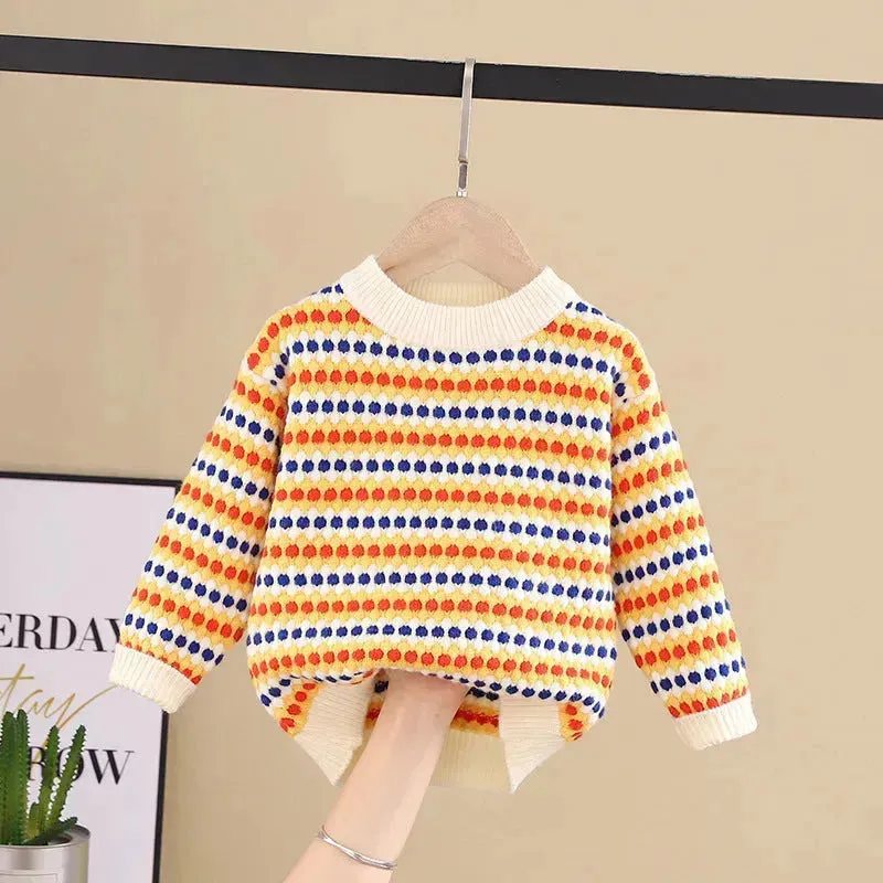 Children Rainbow Stripes Baby Round Neck Pullover Sweater Kids