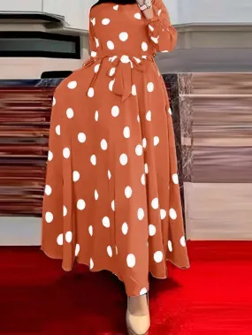 Clasi Fashionable Polka Dot Printed Long Dress With Cinched Waist