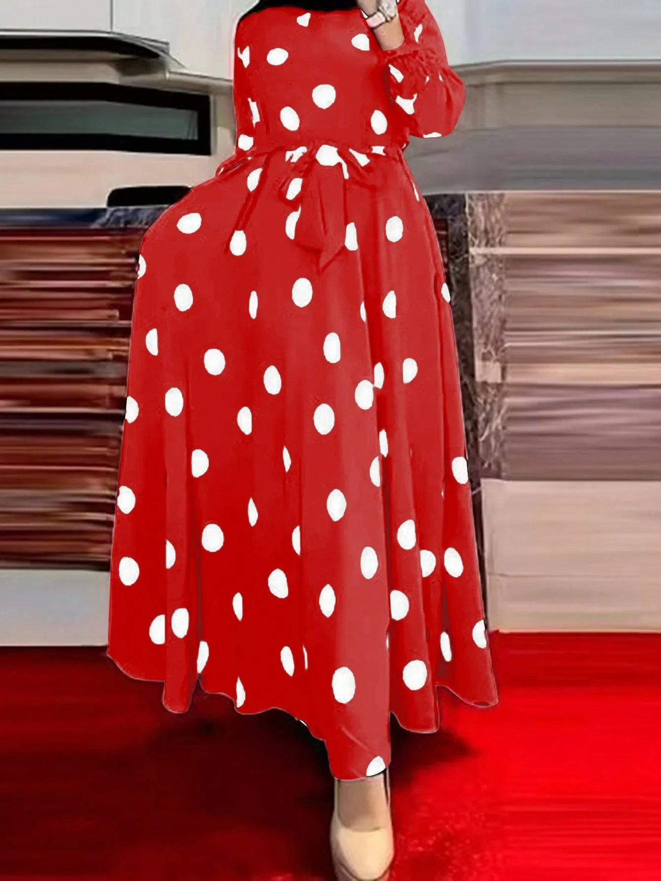 Clasi Fashionable Polka Dot Printed Long Dress With Cinched Waist