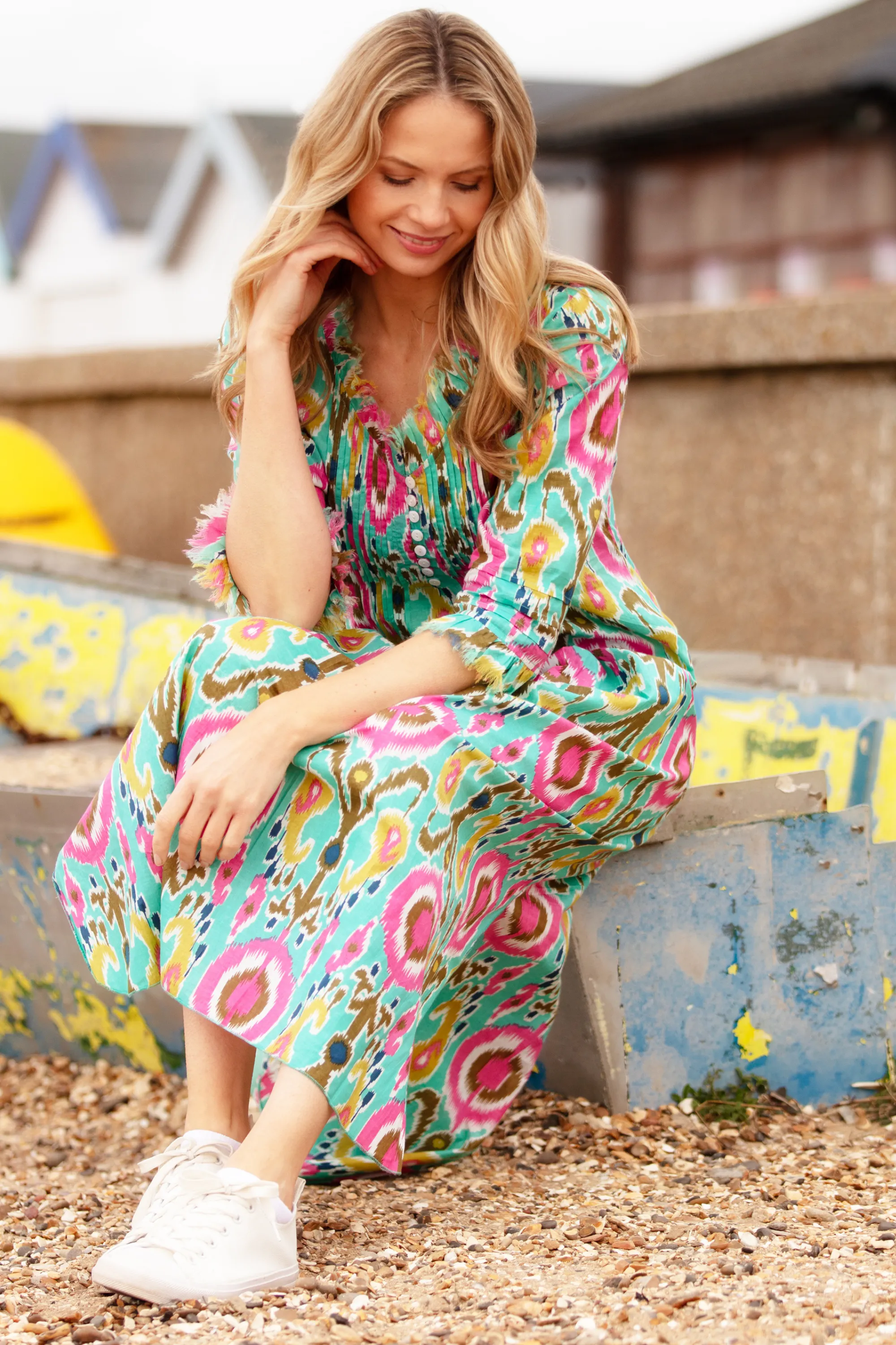 Cotton Annabel Maxi Dress in Turquoise Multi Ikat