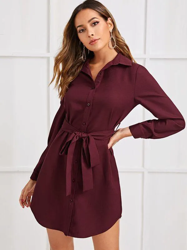 Curved Hem Belted Shirt Dress