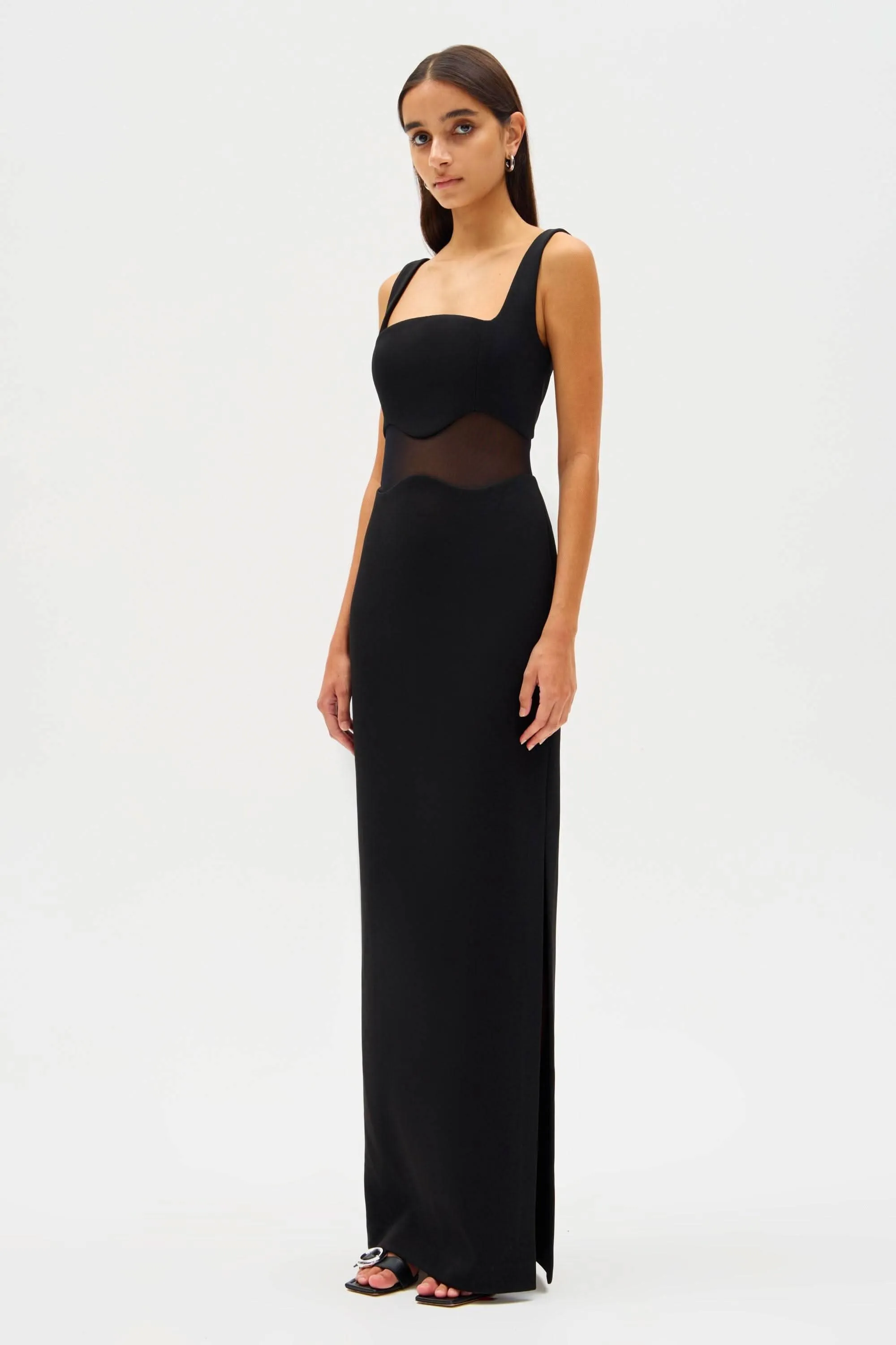 Damita Bonded Crepe and Mesh Maxi Dress