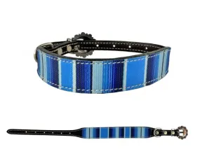 Dark oil leather dog collar with blue southwest nylon overlay and copper hardware.