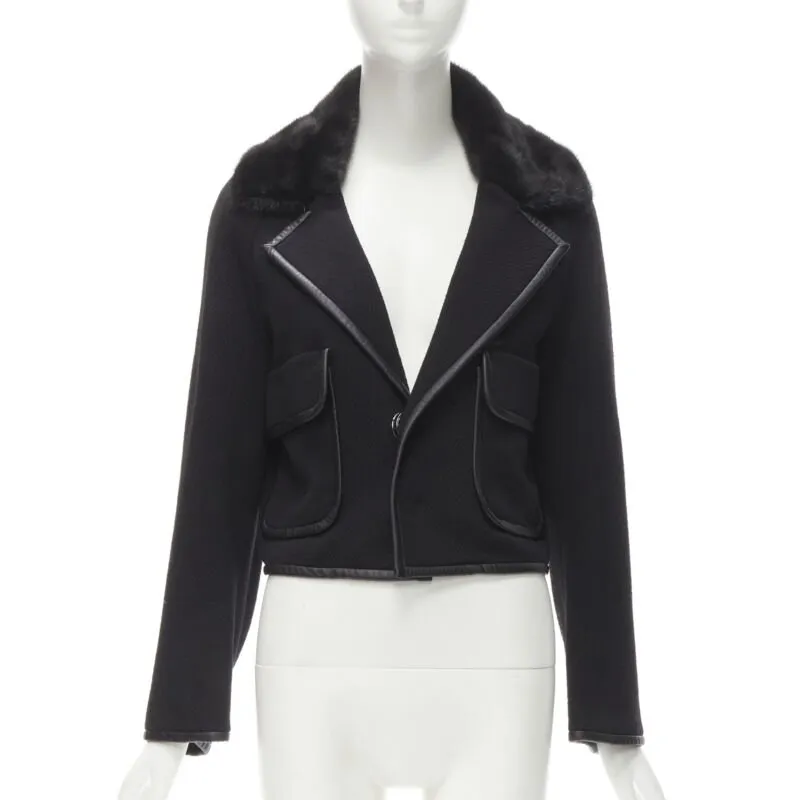 DSQUARED 2013 black mink fur collar leather trim cotton wool jacket S