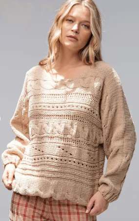 Easel Textured Aran Knit Pullover Long Sleeve Sweater